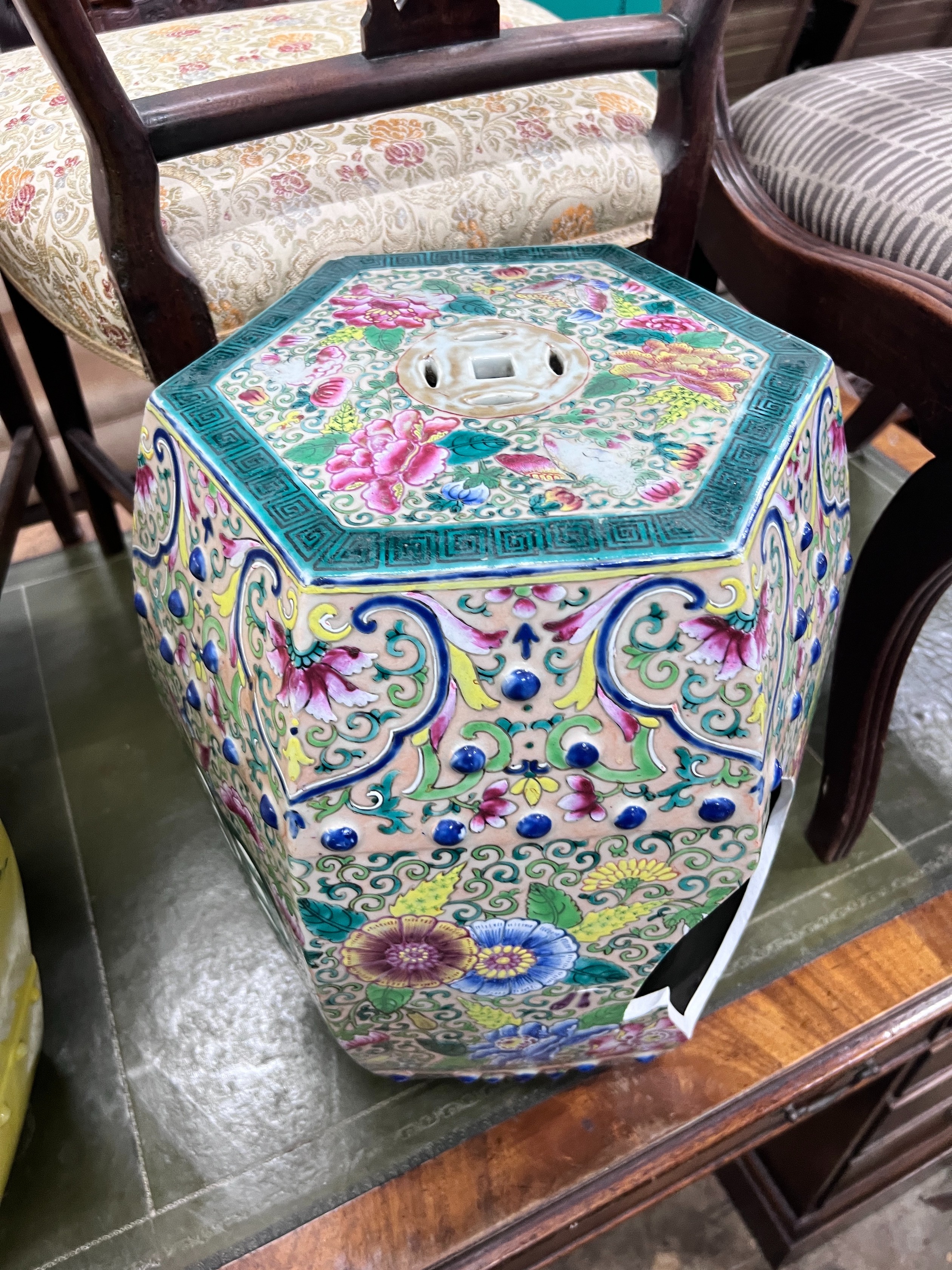 Two modern Chinese porcelain garden seats, width 40cm, depth 40cm, height 48cm (one a.f.) *Please note the sale commences at 9am.
